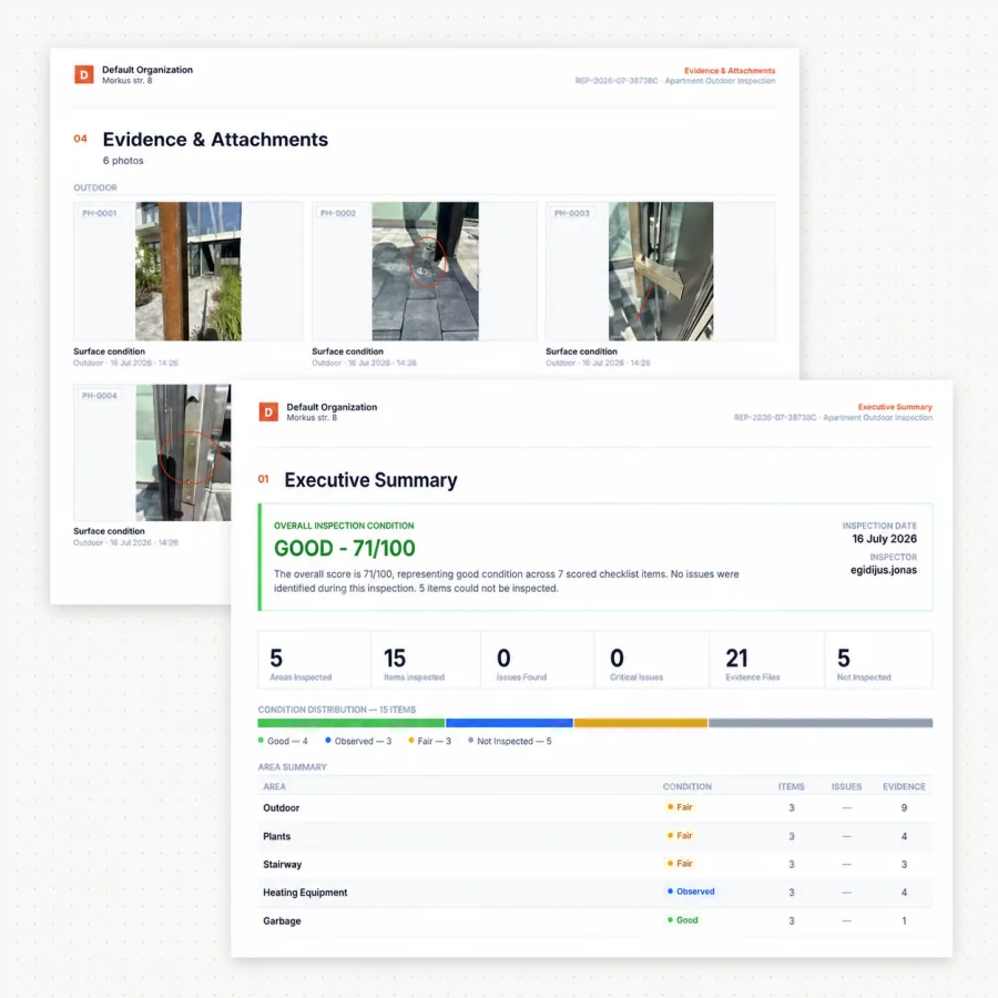 MeetInspect inspection report summary and evidence attachments