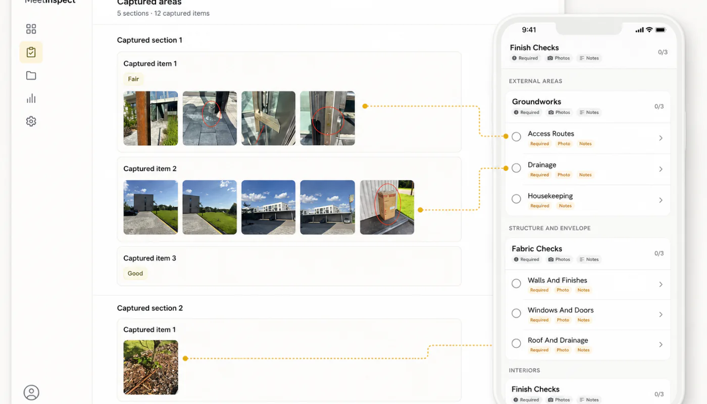 MeetInspect captured inspection evidence connected to a guided mobile checklist