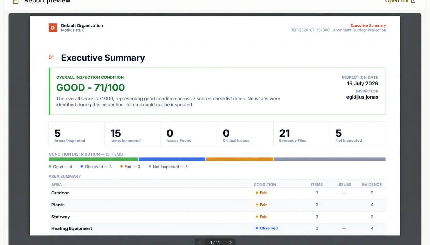 MeetInspect professional inspection report preview with executive summary